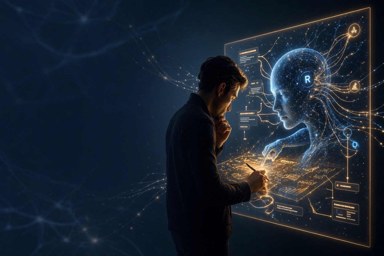 Human and AI partnering — neural threads flowing, building together