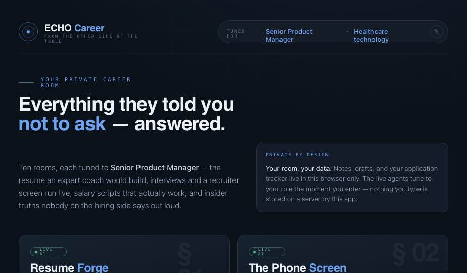 ECHO Careers console, tuned to a Senior Product Manager in healthcare technology