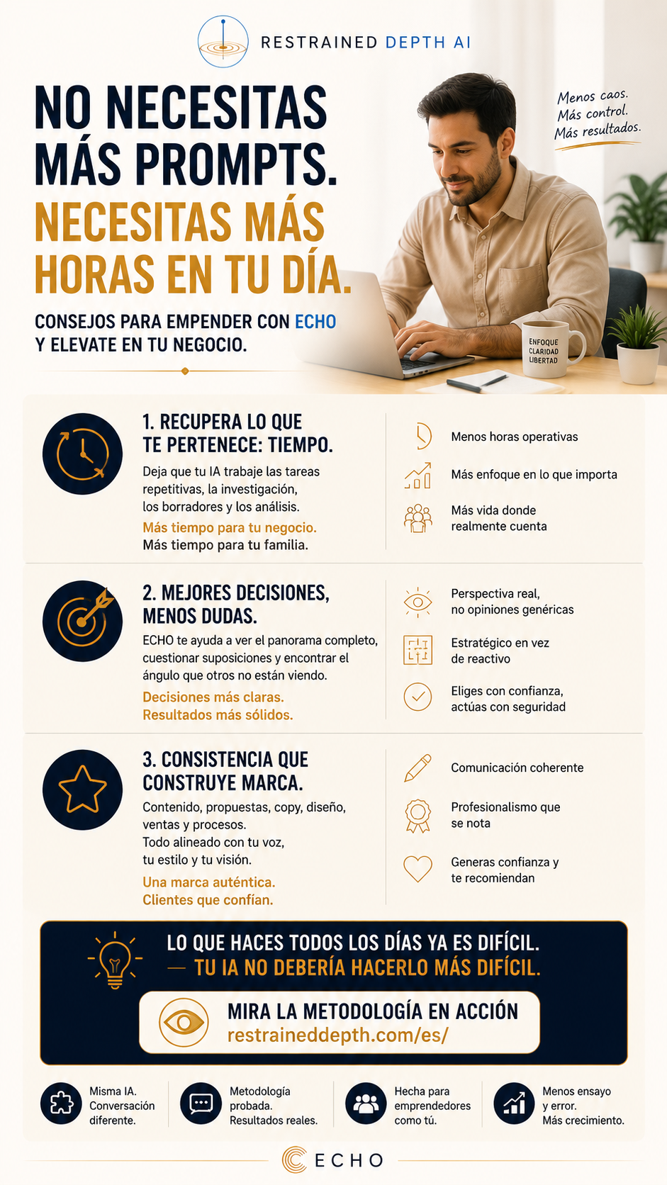 No necesitas más prompts, necesitas más horas en tu día. Tres beneficios concretos de ECHO para emprendedores: recupera tu tiempo, mejores decisiones, consistencia que construye marca.