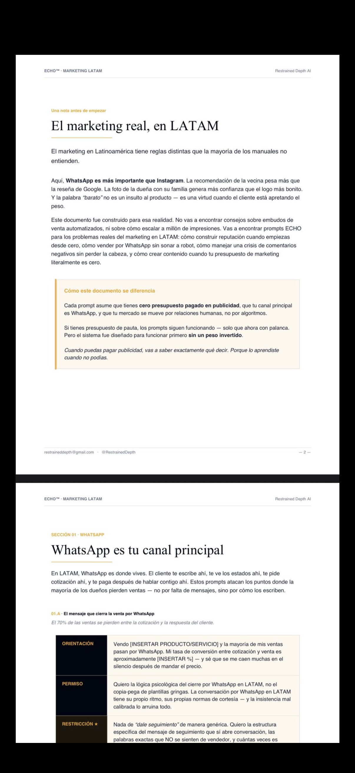 Vista previa del documento Marketing y Conversión LATAM — prompts ECHO para WhatsApp, contenido local y ventas.