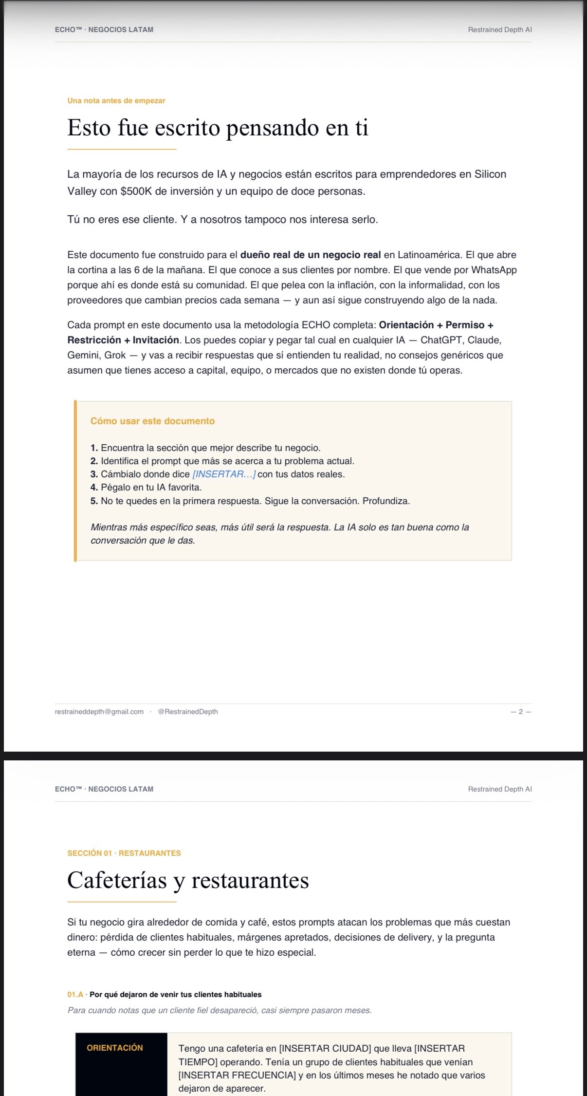 Vista previa del documento Negocios Locales LATAM — prompts ECHO para operación, inventario y crecimiento.