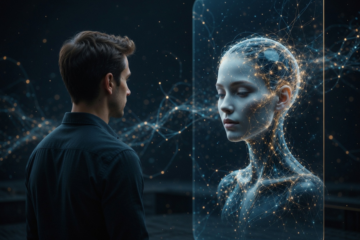 Man collaborating with glowing neural AI on holographic board — Restrained Depth AI