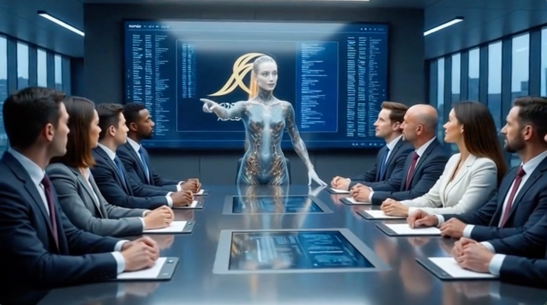 A whole team gathered around a boardroom table — Restrained Depth